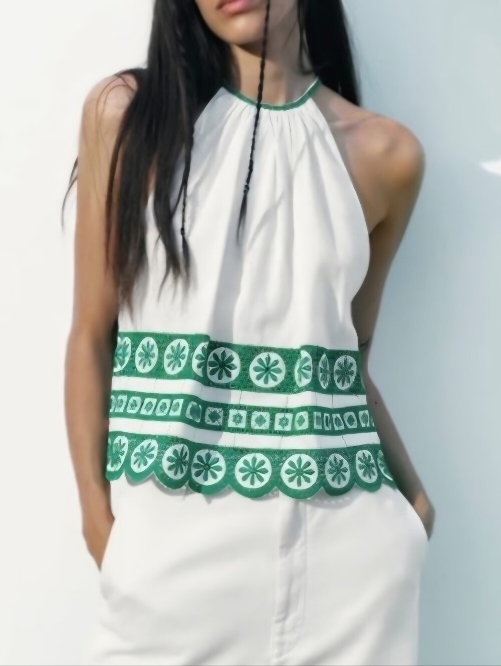 Zara linen top embroidered halter crto top green Large